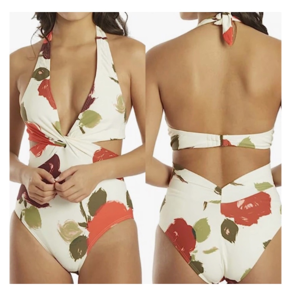 Kate Spade Just Rosy Floral Knotted Halter One Piece Swimsuit size M NWT!